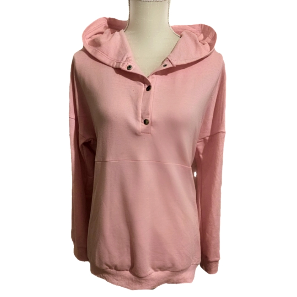 Pink Hooded Half Button Drop Shoulder Long Sleeve Pullover Sweatshirt - Picture 7 of 9